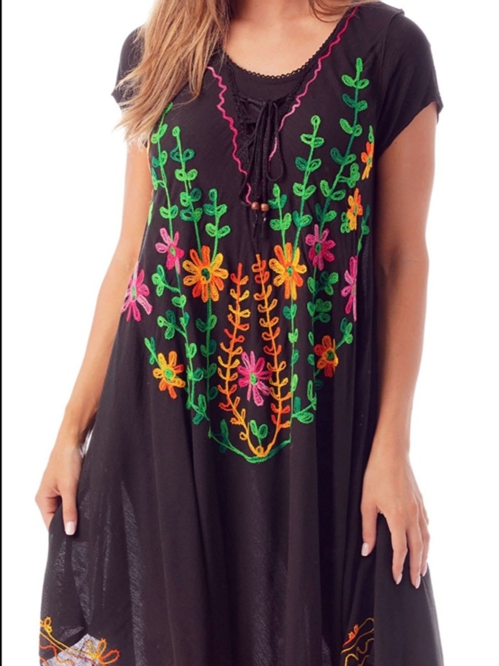 Black Embroidered Floral Midi Dress